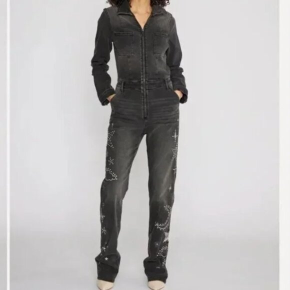NWT Free People x Driftwood Celestial Black Denim Jumpsuit Studded Embroidery XS - Picture 5 of 14